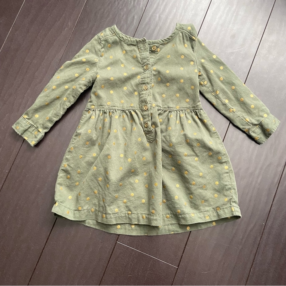 COM Carter’s Olive green long sleeve dress w/ gold polka dots & buttons 18M EUC